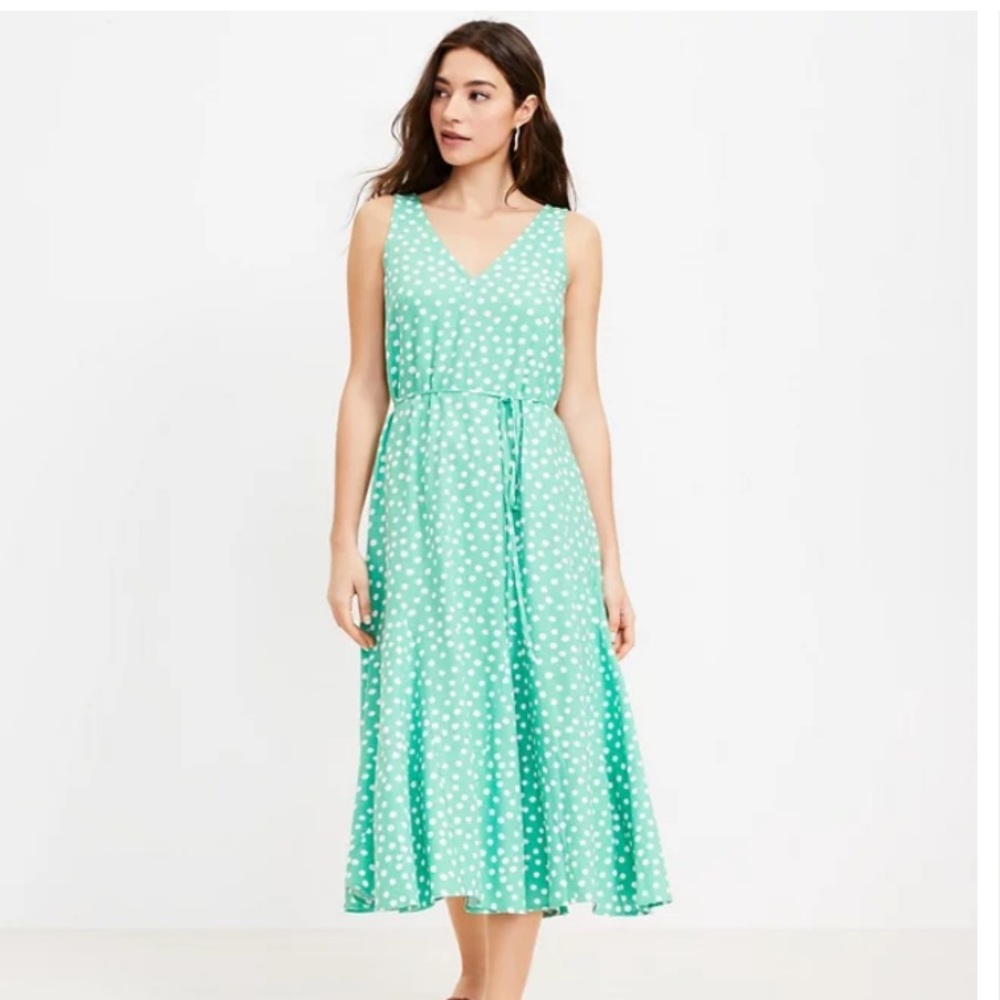 Loft Dotted Godet Double V Midi Dress